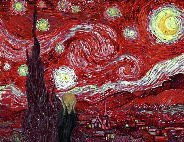 an image of the starry night with red and yellow stars in the sky over a city