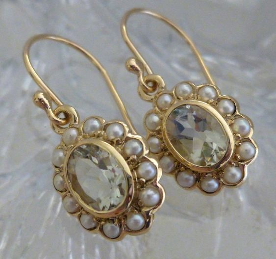 These elegant Women's Vintage Green Amethyst and Pearl earrings will add extra appeal to your attire when wearing for the night out or for special occasions These superbly crafted earrings have been handmade in 9ct Solid Yellow Gold with reference to a vintage design Luxurious Oval cut NATURAL Green Amethyst have been bezel set and magnificently milgrain edged and inlayed with 24 GENUINE Seed Pearls set by a Master Jeweller ! These pair of GORGEOUS Victorian Inspired earrings have 9ct Gold Frenc Luxury Ornate Pearl Earrings For Gift, Luxury Victorian Yellow Gold Pearl Earrings, 14k Gold Oval Pearl Earrings, Oval 14k Stamped Earrings For Wedding, Green Amethyst Earrings, Vintage Gold Earrings, Earrings Antique, Rings Necklace, Pearl Set