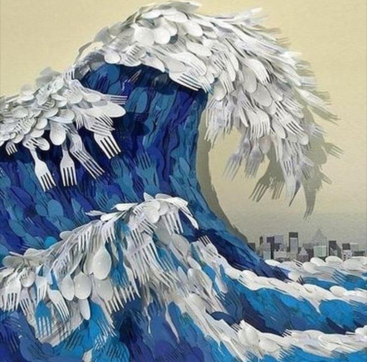 an artistic painting of a giant wave in the ocean with cityscape in the background