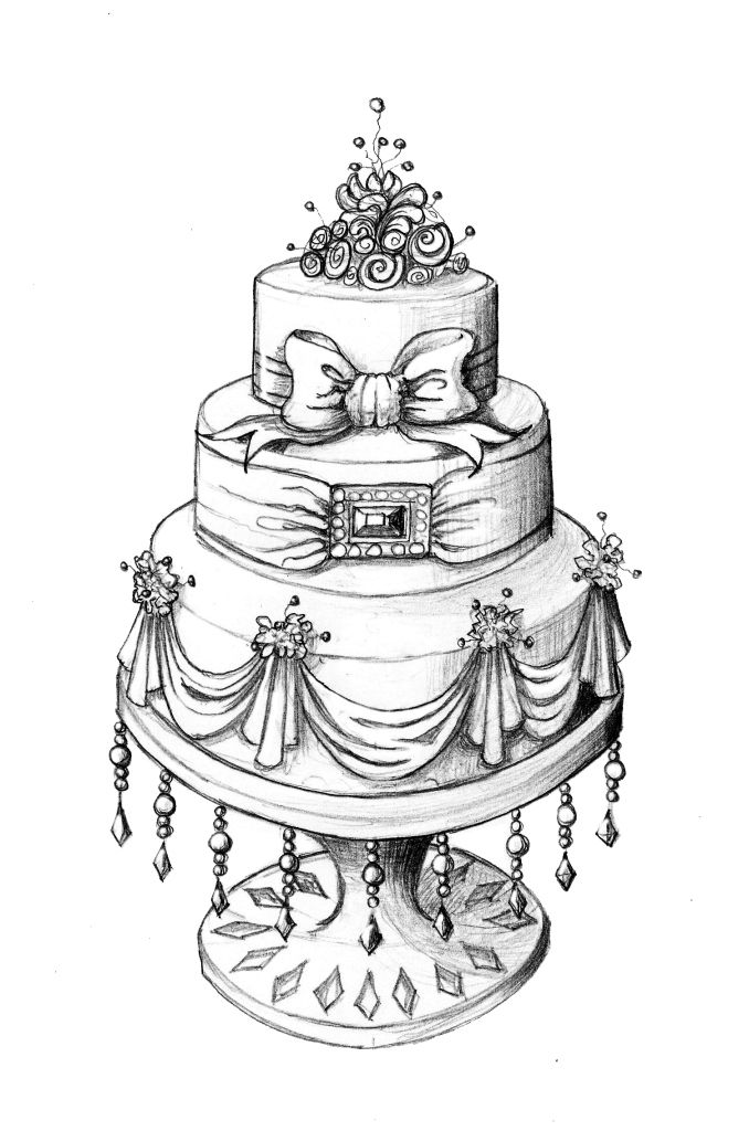 a drawing of a three tiered cake with bows and jewels on it's sides