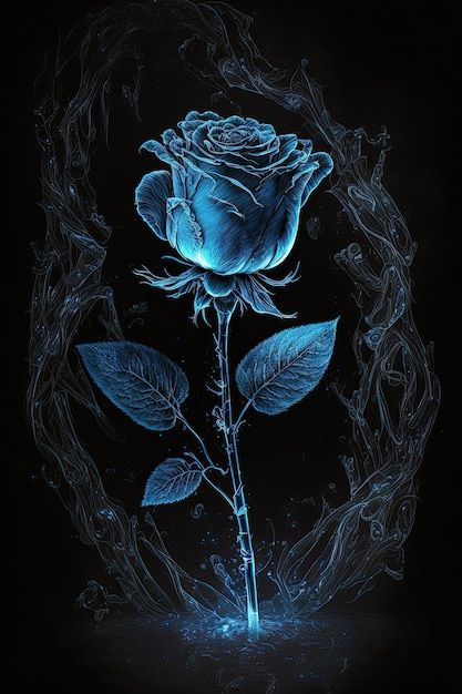 a drawing of a blue rose with water splashing on it's petals and leaves