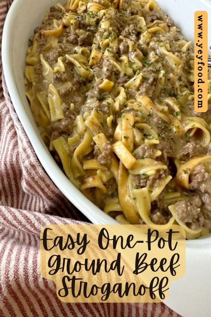 an easy one - pot ground beef stroganone recipe in a white bowl