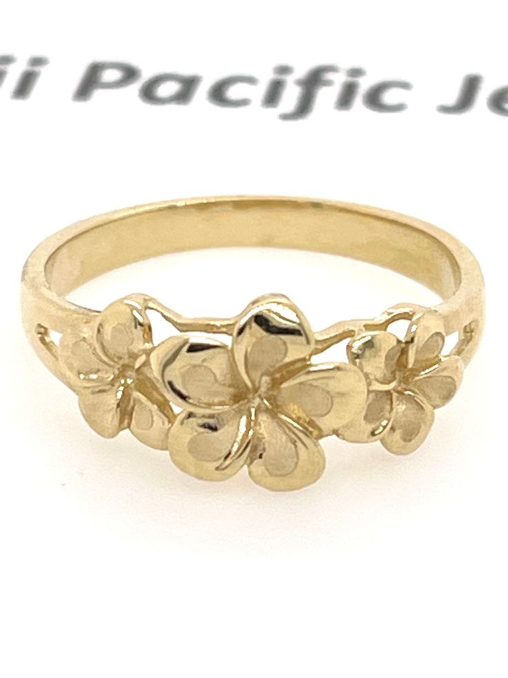 Elegant And Beautiful Hawaiian 14K Solid Yellow Gold 7mm-8mm-7mmTriple Plumeria Flowers Ring Sandblast with a High Polish Edges 14K Solid Yellow Gold GUARANTEED, Authenticated with a 14K Stamp Made With Highest Quality Craftsmanship Solid 14K Yellow Gold Triple Plumeria Flowers Ring Total Weight approximately 2.9 grams Solid 14K Yellow Gold Triple Plumeria Flowers Width 7 Millimeters - 8 Millimeters - 7 Millimeters Ring Size Available From 4 through 10 Amazing Gift For Family and Friends! Elegan Xoxo Jewelry, Flowers Ring, Fantasy Earrings, Plumeria Flowers, Snake Jewelry, Jewelry Accessories Ideas, Dope Jewelry, Pretty Jewelry, Jewelry Lookbook