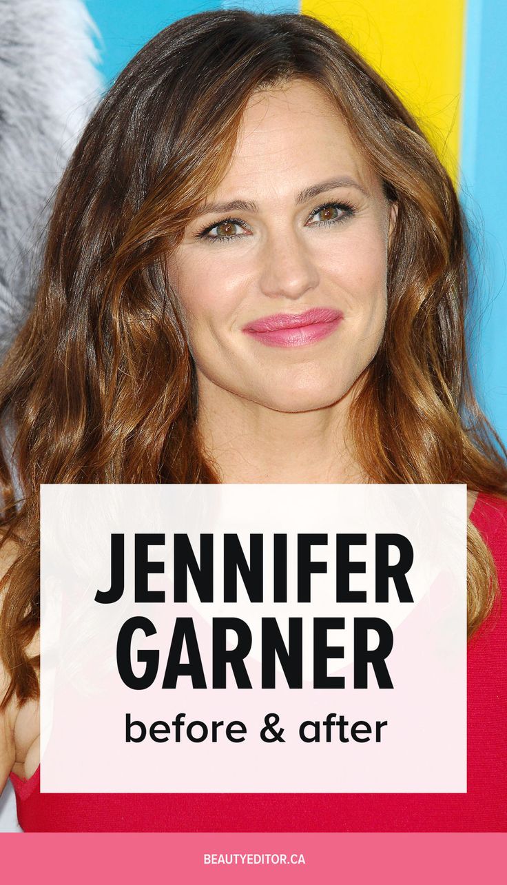 a woman holding up a sign with the words jennifer garner before and after