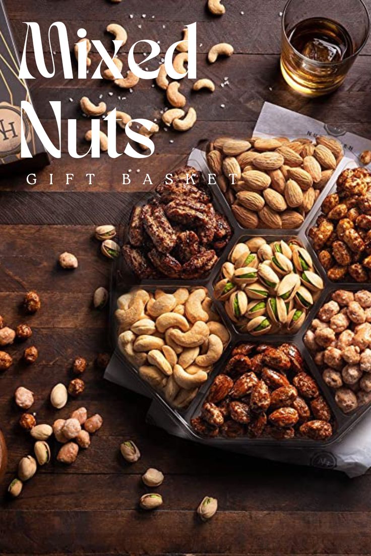 various nuts are arranged on a wooden table