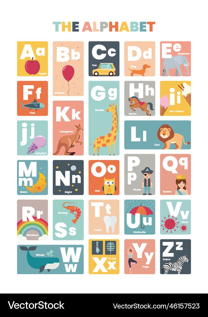 an alphabet poster with animals and letters