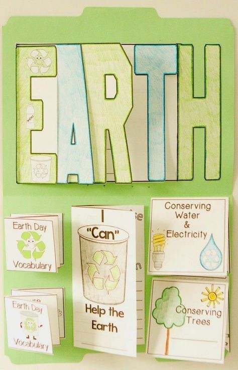 the word earth is written in green and white on a bulletin board with pictures of different things