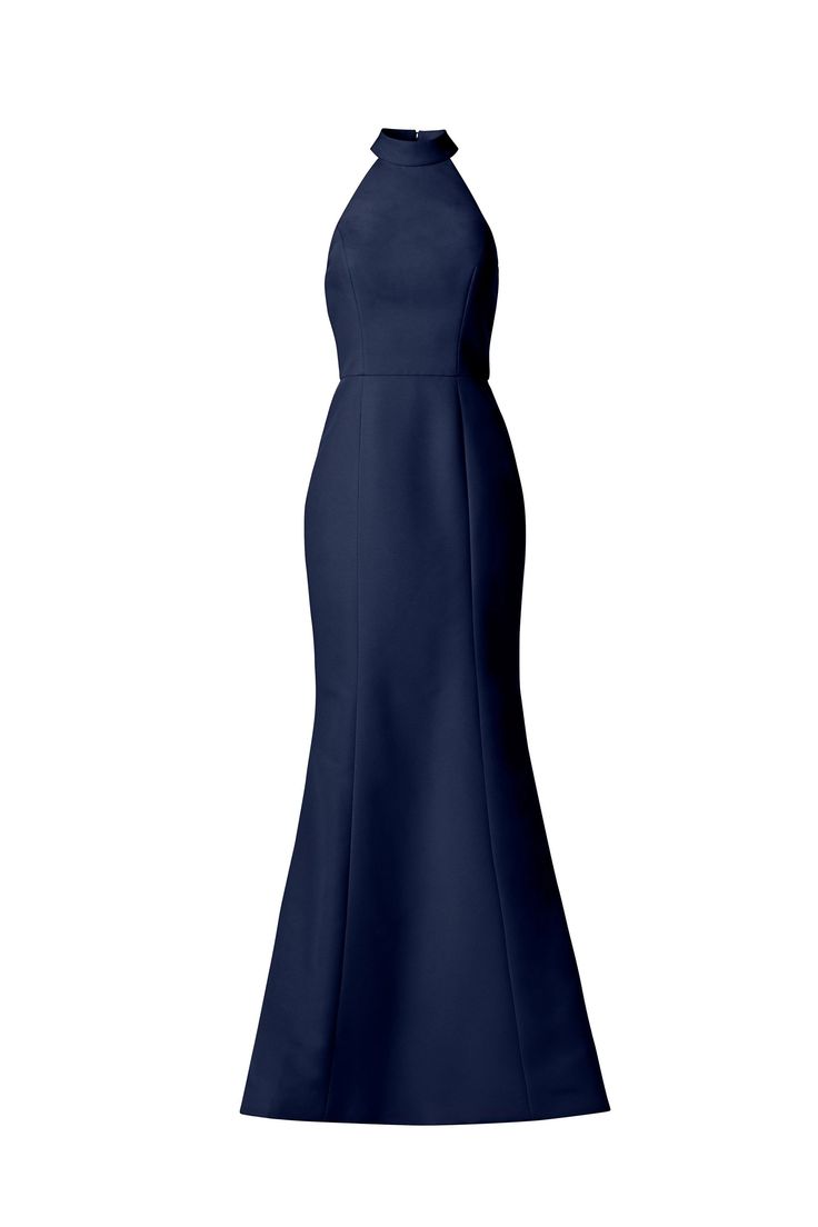 A sleek halter fit-to-flare, this gown is refined yet decidedly modern, with clean lines supported by structured faille. The high collar is secured at the back of the neck with chic covered buttons. Shown in Platinum. Formal Fitted Halter Dress With Back Opening, Fitted Halter Dress With Back Opening For Formal Events, Formal Halter Neck Evening Dress With Fitted Bodice, Formal Evening Dress With Fitted Bodice And Halter Neck, Formal Evening Dress With Sweep Train And Halter Neck, Formal Halter Neck Evening Dress With Sweep Train, Elegant Evening Dress With Fitted Bodice And High Neck, Elegant Formal Evening Dress With Keyhole Back, Formal Evening Dress With Keyhole Back And Fitted Bodice