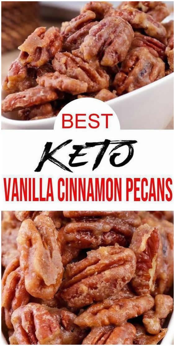 gluten free low carb vanilla cinnamon candy pecans Keto Pecans, Snacks Work, Candy Pecans, Coated Pecans, Low Carb Candy, Breakfast Low Carb, Postre Keto, Cinnamon Pecans, Keto Candy