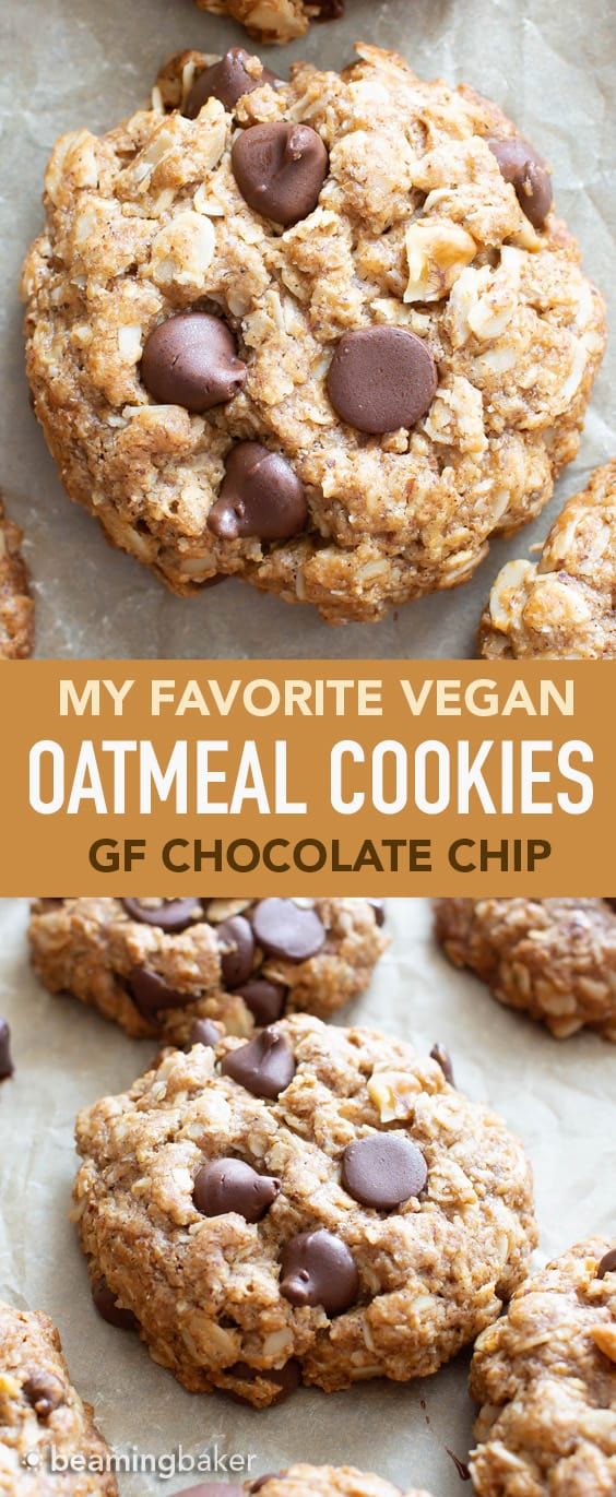 an oatmeal cookie with chocolate chips on top and the words, my favorite vegan oatmeal cookies gf chocolate chip