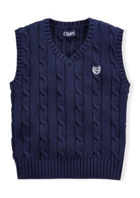 a sweater vest with a polo logo on the chest and cable kniting at the neck