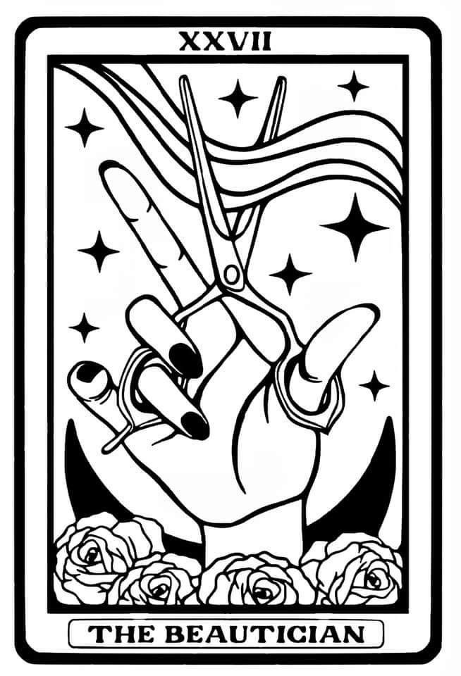 the queen of hearts tarot card with roses and stars on it, in black and white