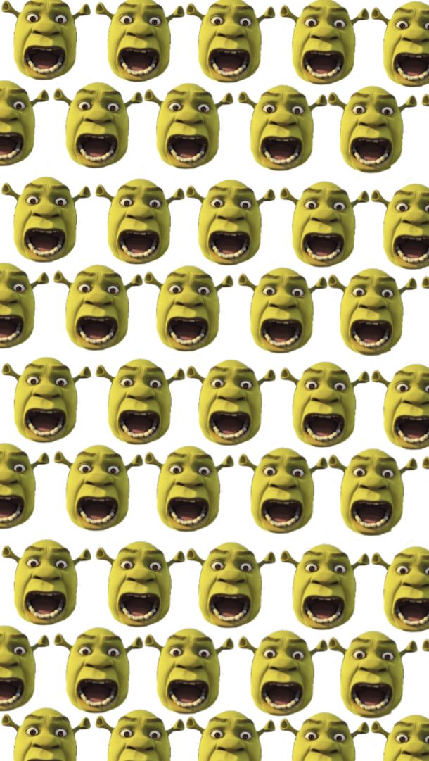 many green faces with mouths open and eyes wide open, all lined up in rows