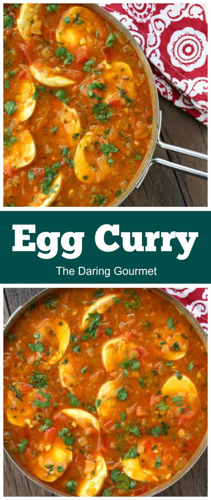 egg curry in a large pot on a wooden table with a red and white towel