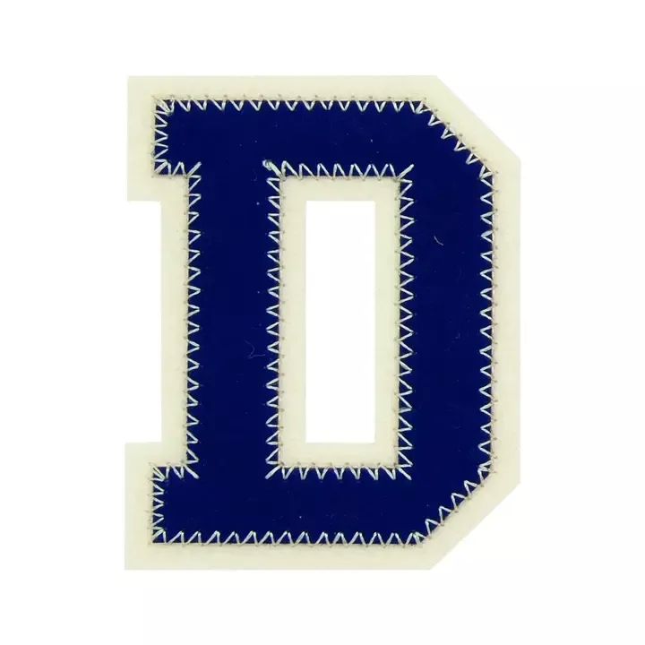 the letter d is made up of blue and white stitching on a white background