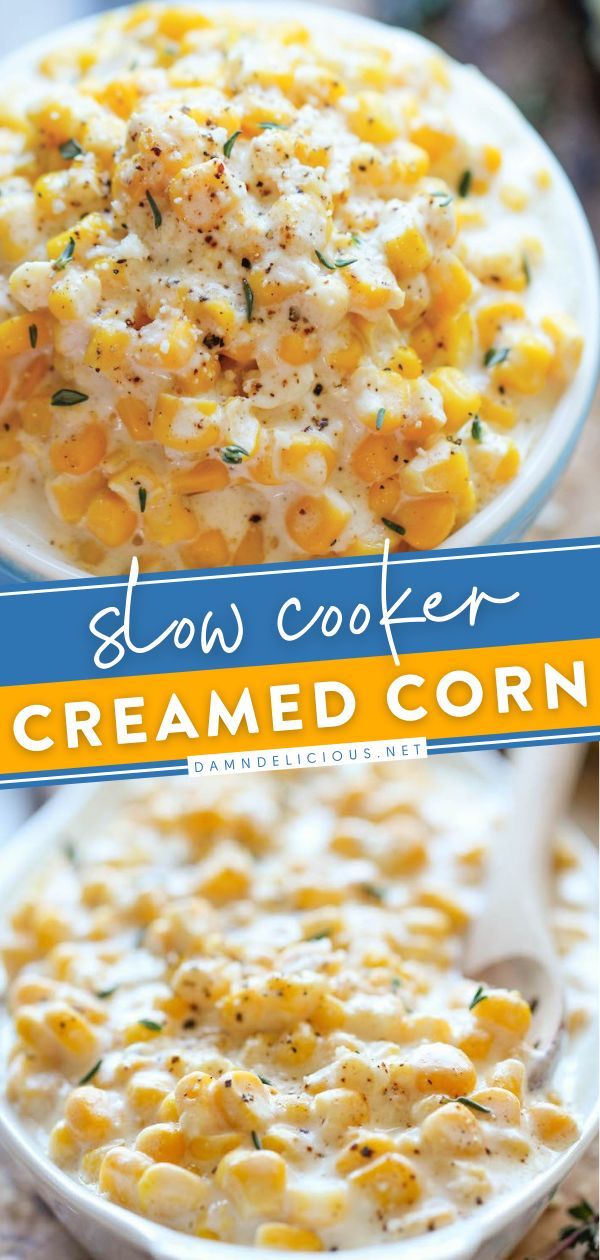 SLOW COOKER CREAMED CORN, thanksgiving side dishes, thanksgiving dinner recipes Creamed Corn In Crockpot, Slow Cooker Cream Corn, Easter Sides Crockpot, Easter Dinner Ideas Crockpot, Easter Corn Side Dishes, Must Have Thanksgiving Dishes, Thanksgiving Sides Dishes Crockpot, Easter Side Dishes Crockpot, Crockpot Easter Recipes