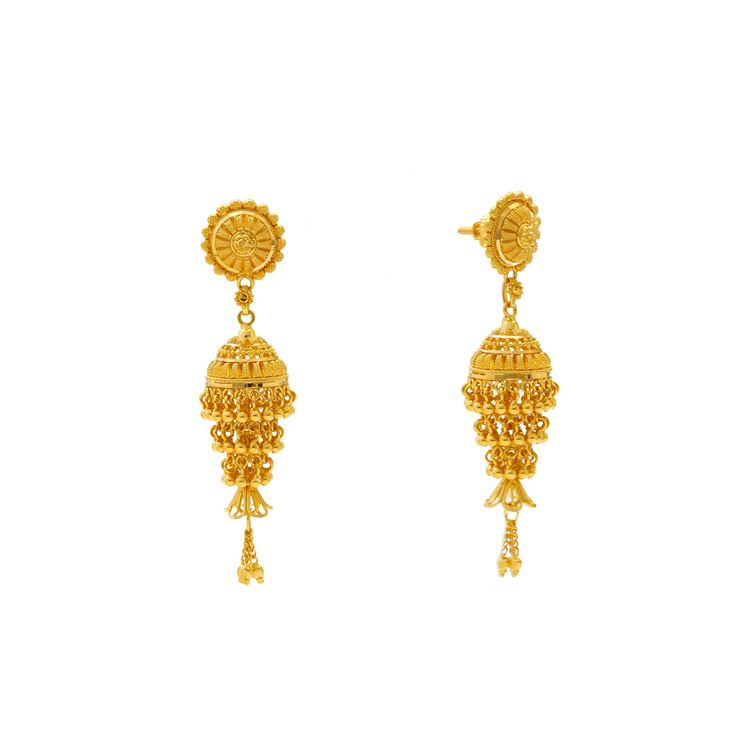 Embrace the timeless allure of fine gold with this pair of exquisite 22k yellow gold Jhumki earrings by Virani Jewelers. Meticulously crafted and adorned with intricate beading, these gold Jhumki earrings exude sophistication and elegance. Elevate your style and make a statement of luxury with these stunning Indian gold Jhumkas, perfect for any sophisticated lady.Features• 22k yellow gold• Beaded details• FiligreeNecklace Specifications:• Minimum Width - 1 millimeter• Maximum Width - 13.35 milli Navratri Yellow Gold 22k Jhumkas, Festive 22k Gold Dangle Jhumkas, Yellow Gold Chandbalis With Latkans For Festivals, Yellow Gold Intricate Design Earrings For Navratri, Yellow Gold Earrings For Navratri, Yellow Gold Earrings With Intricate Design For Navratri, Yellow Gold Intricate Earrings For Navratri, Traditional Gold Chandbalis With Dangling Beads, Yellow Gold Chandbali Jhumkas For Festivals