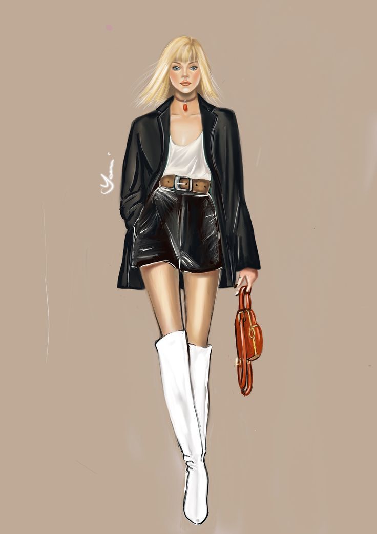 a drawing of a woman in black leather shorts and white boots holding a brown purse