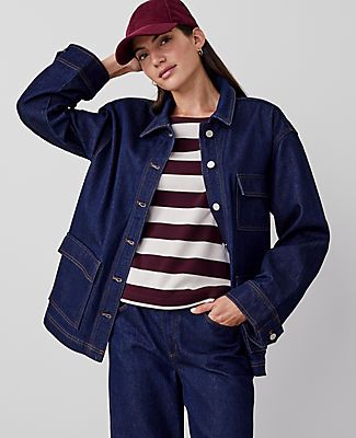 Elevate your weekend wardrobe with the Ann Taylor Weekend Denim Carpenter Jacket, a perfect blend of style and practicality for the cooler seasons. This jacket features a classic rinse wash that complements any outfit, making it a versatile addition to your collection.

- **Size:** XS
- **Fit:** Relaxed
- **Length:** 27 1/2" long
- **Material:** 76% Cotton, 23% Lyocell, 1% Spandex
- **Color:** Classic Rinse Wash
- **Gender:** Female
- **Features:** Point collar, long sleeves with button tabs, bu Everyday Utility Denim Jacket With Patch Pockets, Utility Denim Jacket With Patch Pockets For Everyday, Dark Wash Outerwear With Patch Pockets For Everyday, Everyday Dark Wash Outerwear With Patch Pockets, Denim Blue Utility Jacket With Pockets For Fall, Denim Utility Jacket With Patch Pockets, Utility Denim Jacket With Flap Pockets, Denim Utility Jacket With Multiple Pockets, Dark Wash Utility Denim Jacket For Everyday