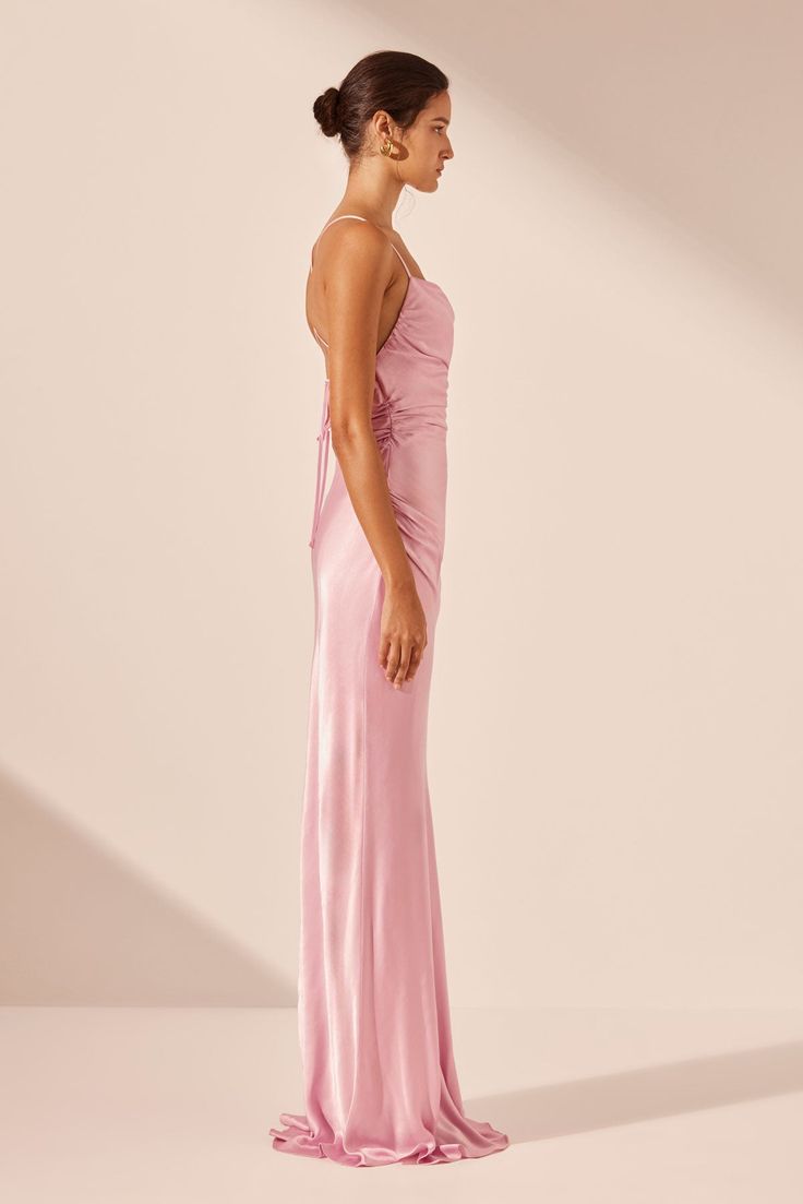 La Lune Lace Back Maxi Dress | Peony | Dresses | Shona Joy – Shona Joy International Maxi Length Satin Dress With Ruched Bodice For Gala, Satin Floor-length Maxi Dress With Ruched Back, Gala Satin Maxi Dress With Sweep Train, Satin Maxi Dress With Ruched Back For Gala, Elegant Ruched Slip Dress For Prom, Floor-length Ruched Satin Maxi Dress, Feminine Bias-cut Modal Satin Dress, Feminine Bias Cut Modal Satin Dress, Evening Maxi-length Slip Dress In Modal Satin