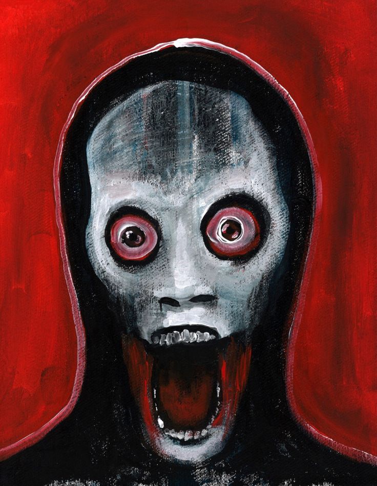 a painting of a creepy mask with red eyes