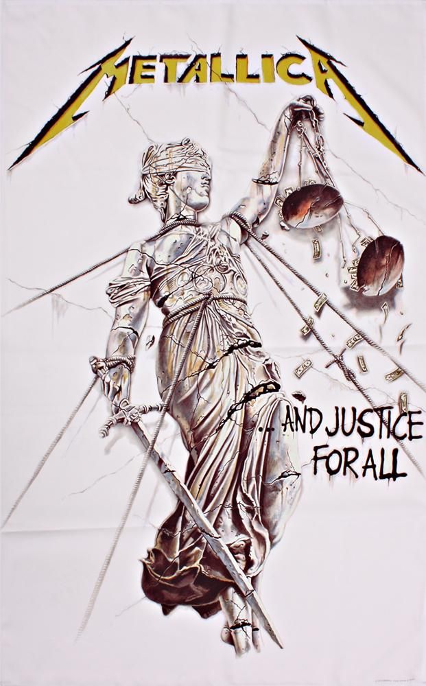 a white t - shirt with an image of the statue of justice holding two swords