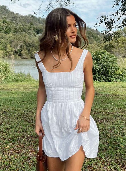 Lorinda White Mini Dress White Fitted Cotton Mini Dress, White Cotton Lined Mini Dress, Sunny Core, White Fitted Linen Mini Dress, White Cotton V-neck Mini Dress, White Cotton A-line Mini Dress, 2025 Outfits, School Clothes, Square Necklines