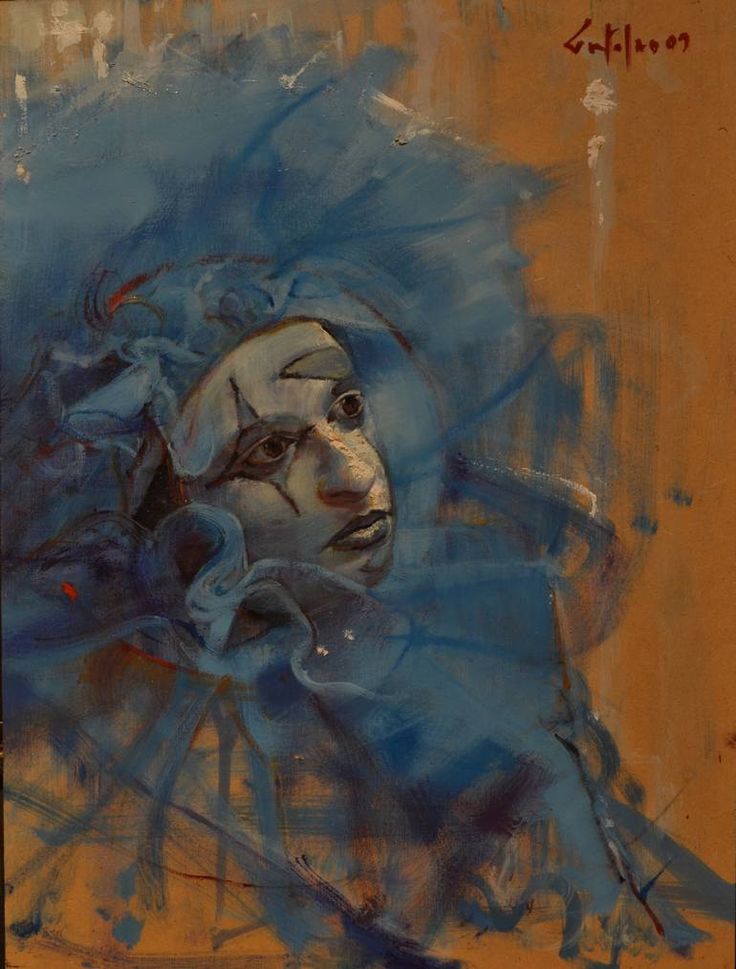 a painting of a woman's face with blue hair