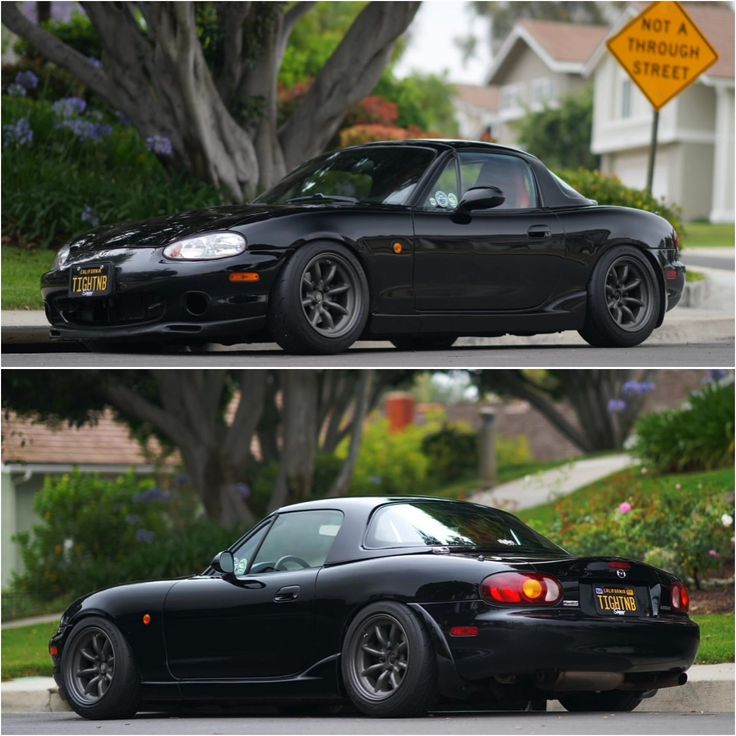 two pictures of a black sports car parked in front of a house