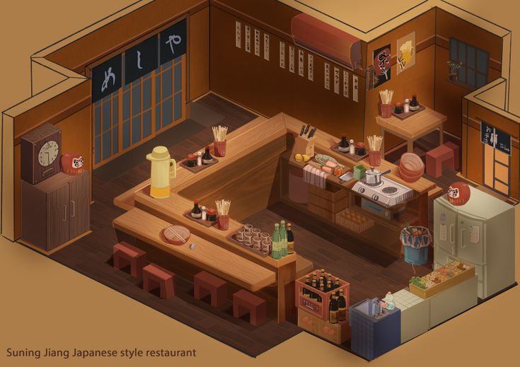 an overhead view of a small japanese style kitchen and dining room with wooden tables, stools and chairs