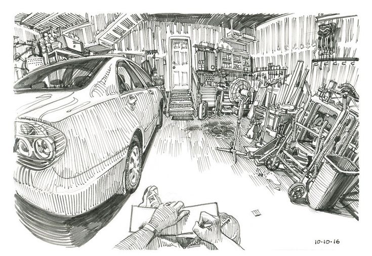 a drawing of a car in a garage with tools on the floor and people working