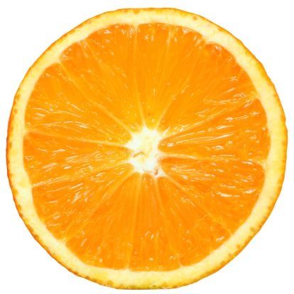 an orange cut in half on a white background