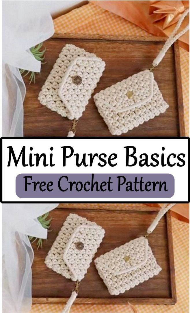 three crocheted purses with text overlay reading mini purse basics free crochet pattern