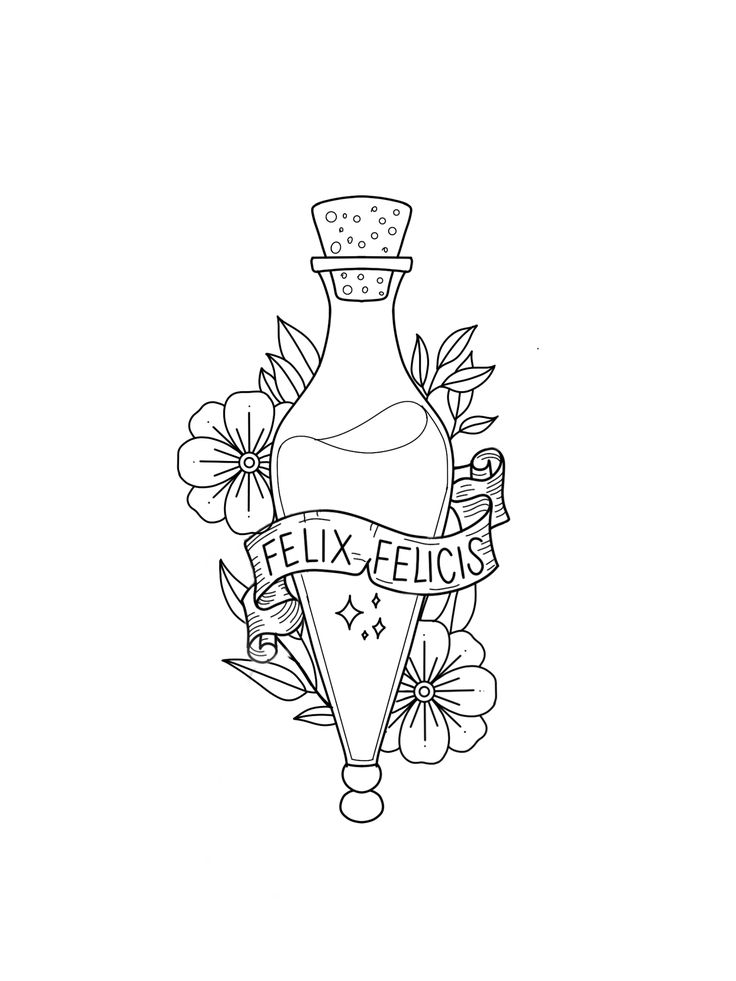 a black and white drawing of a bottle with flowers around it that says, flex felicity