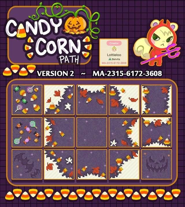 the game candy corn path is shown in purple and orange colors, with an image of a