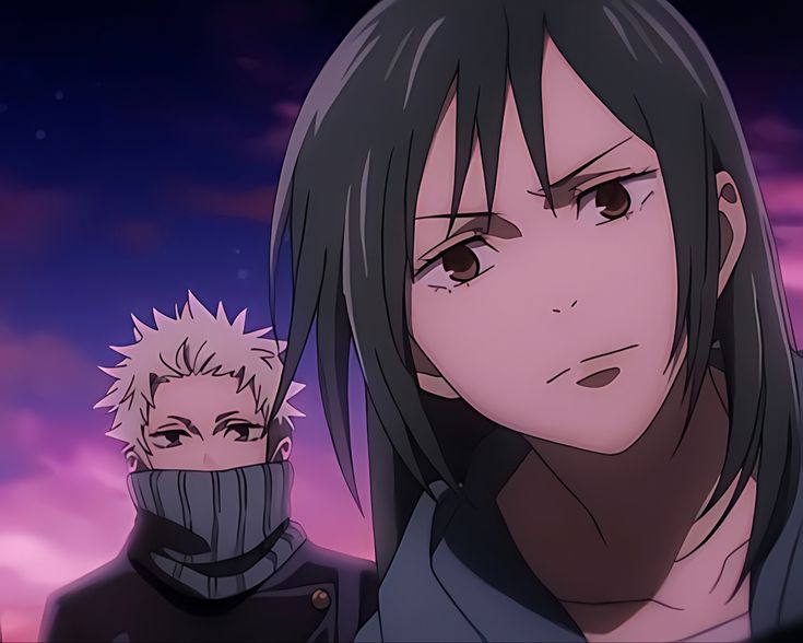 two anime characters standing next to each other in front of a purple sky with clouds