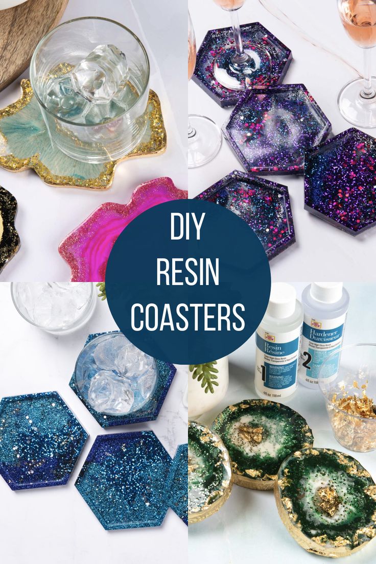 the diy resinin coasters are all made out of glass and glitter