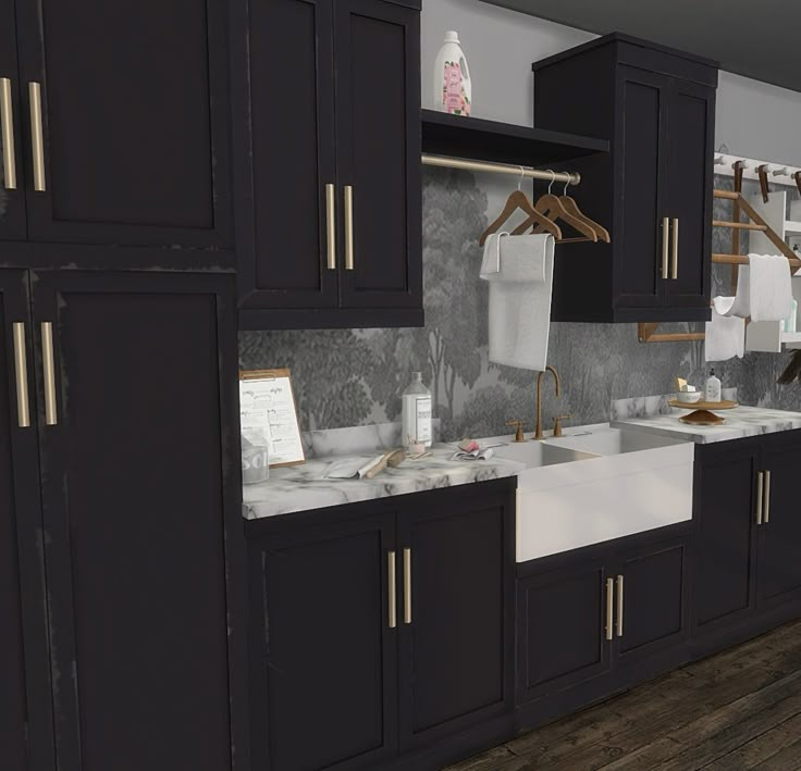 a large kitchen with black cabinets and white counter tops is shown in this rendering image