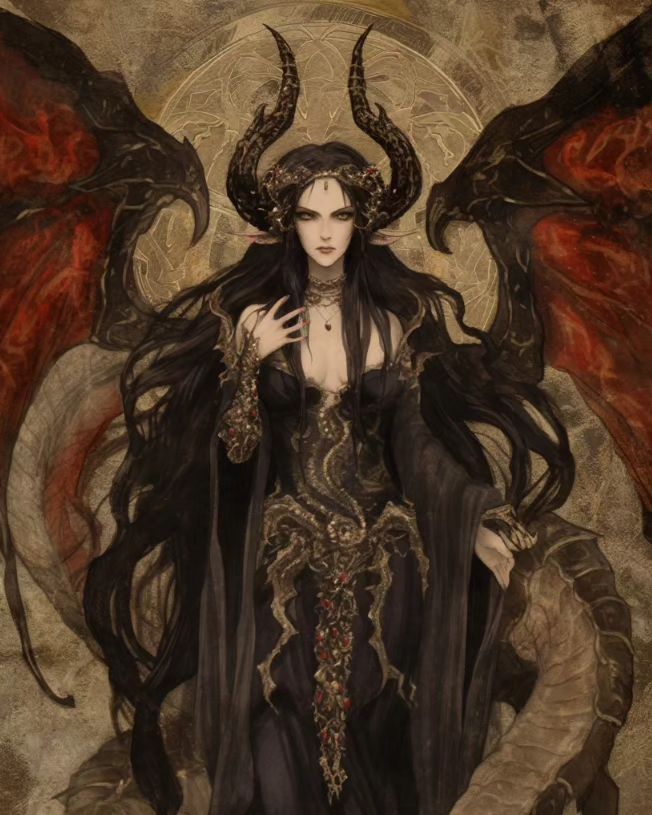 a woman with horns and wings standing in front of a demon like creature, holding her hands