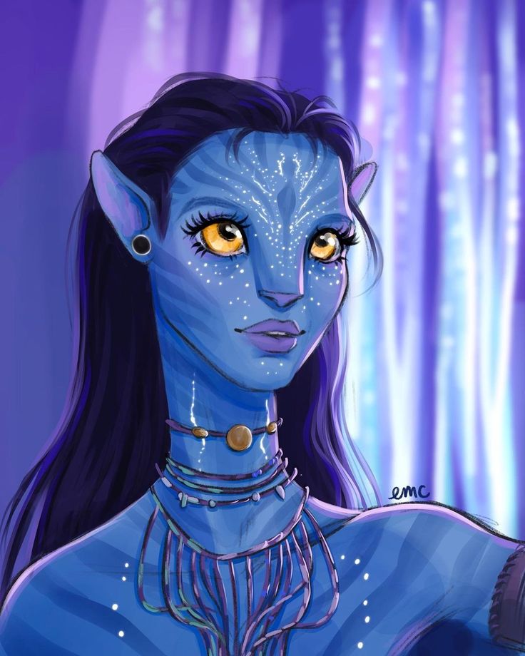 an avatar with blue skin and gold eyes