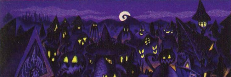 an image of a night scene with cats in the sky and houses lit up at night