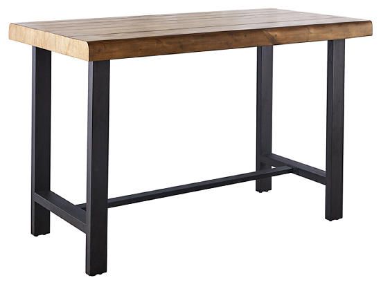 a wooden table with black metal legs and a wood top on an isolated white background