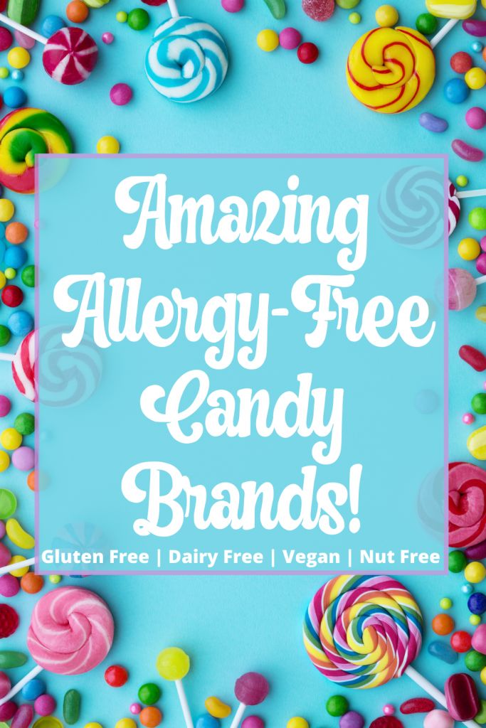 the text amazing allergy - free candy brands is surrounded by candies and lollipops