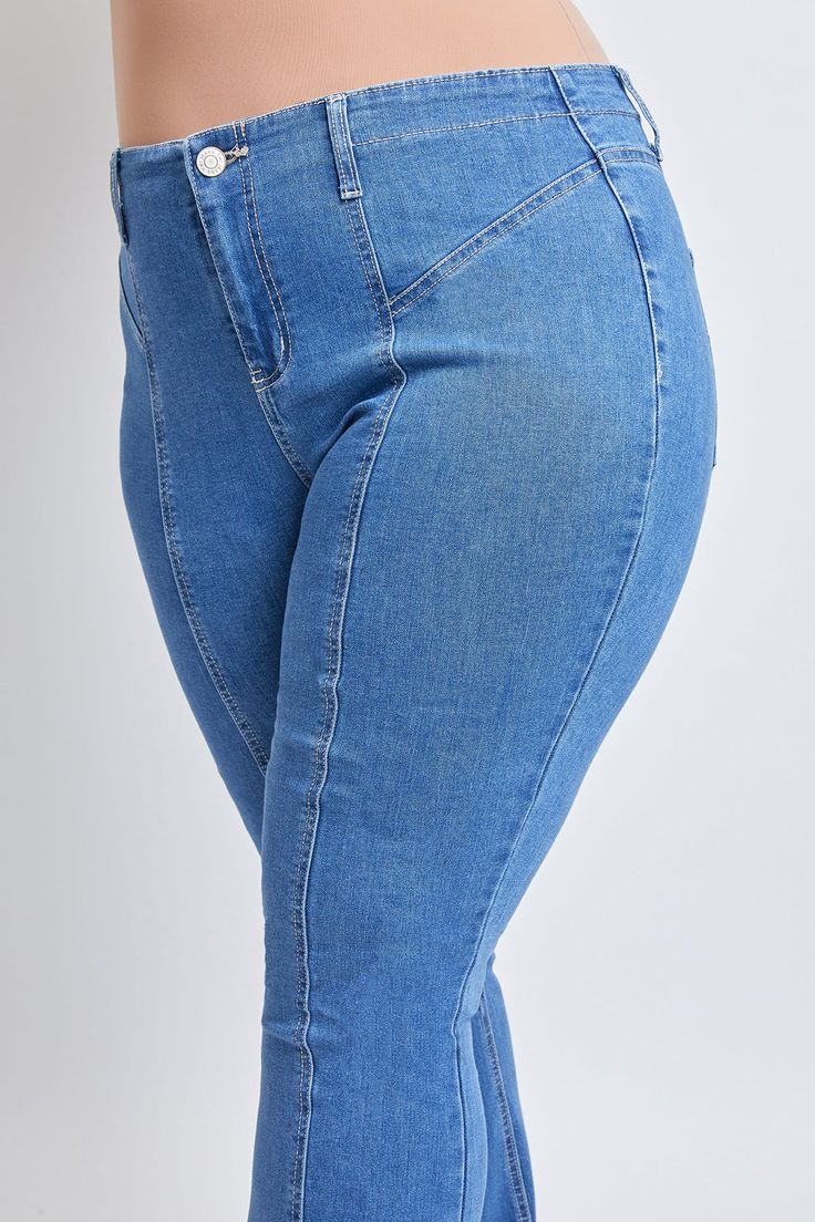 Get ready to turn heads with our Women's Plus High Rise Flare Jeans Front Seam Detail. Designed with a flattering high-rise waist and flared leg, this jean provides a stylish and comfortable fit for all body types. The front seam detail creates the look of a longer leg and adds a cute 70s touch to elevate your everyday style. Made from a soft denim material for all-day wear. Pair with a bodysuit and heels for a figure-flattering look!Product Details:- High-Rise- 1-Button Closure with Zipper- 2 F Medium Wash Stretch Flare Jeans With Cropped Leg, Stretch Medium Wash Cropped Leg Flare Jeans, Stretch Cropped Leg Flare Jeans, Stretch Cropped Leg Denim Flare Jeans, Stretch Denim Cropped Flare Jeans, High Rise Stretch Denim Blue Flare Jeans, Stretch High Rise Flare Jeans, Medium Wash High Waist Stretch Flare Jeans, High Waist Stretch Flare Jeans In Medium Wash