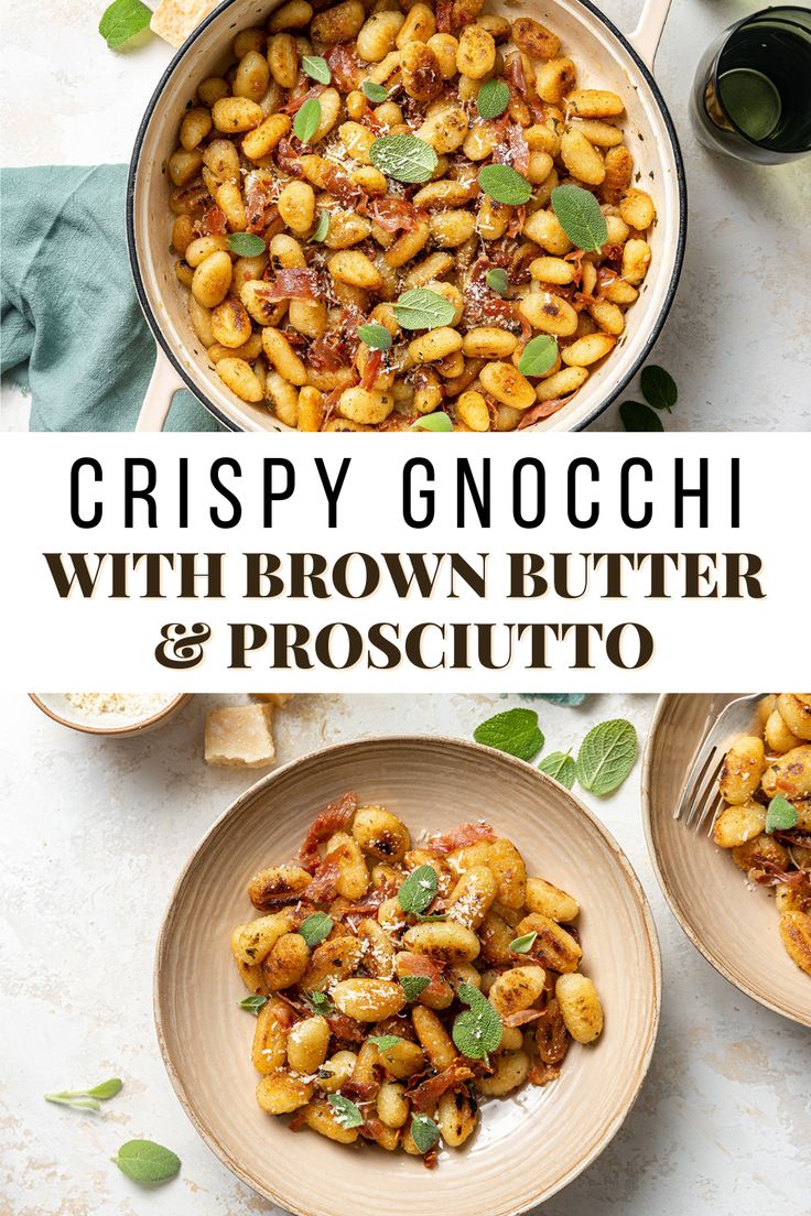 A large skillet with crispy gnocchi, cooked prosciutto and sage leaves. Gnocchi With Prosciutto, Gnocchi Recipes Brown Butter, Gluten Free Gnocchi Recipes Dishes, Gnocchi Bacon Recipes, Thanksgiving Gnocchi, Crispy Gnocchi Recipes, Gnocchi Stuffing, Procuttio Recipes, Fall Gnocchi