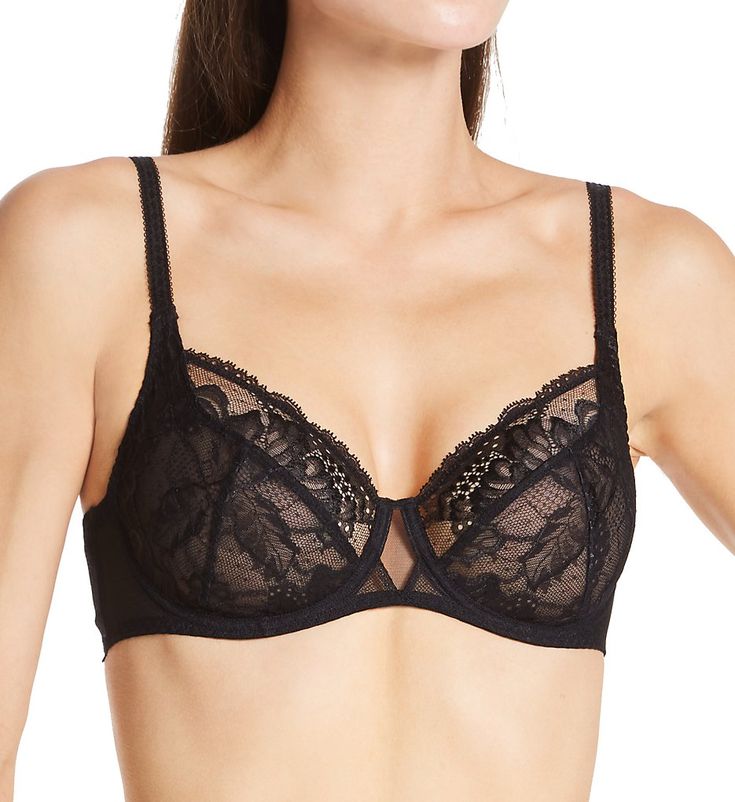 This everyday, full coverage bra has a beautiful, elegant look and gives wonderful support with seamed cups. Made from nylon, polyester, and elastane. Multi-part, underwire cups are unlined (unpadded) with angled and vertical seams for shape. Cross-dyed, Leavers floral lace cup has a tulle lining for support. Scalloped trim at the neckline has sewn-on elastic at the edge for fit. Panel beside cup is breathable point d'esprit mesh. Center - tall, narrow, arched center panel. Sewn-on elastic under Classic Full Coverage Bra With Padded Cups, Classic Full Coverage Padded Bra, Elegant Full Coverage Padded Bra, Black Fitted Nursing Bra With Removable Cups, Fitted Black Nursing Bra With Removable Cups, Classic Full Cup Bra With Removable Cups, Elegant Black Nylon Bra, Classic Padded Bra, Fitted Underwire Nylon Nursing Bra