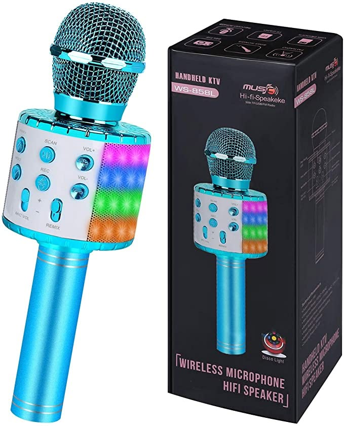 a blue microphone next to a box with the same product on it's side