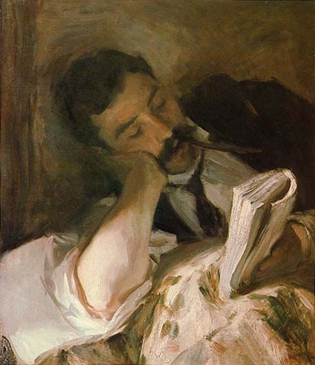 a painting of a man reading a book while holding his chin up to his face