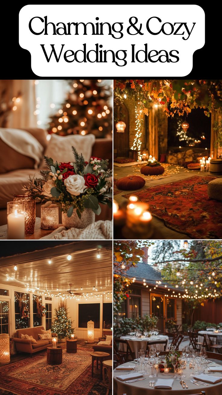 A cozy wedding setup with warm, inviting decorations for a small, intimate celebration. Includes details perfect for fall or winter weddings, cozy Christmas themes, backyard settings, and charming wedding photo ideas, creating a memorable and comfortable atmosphere. Simple Outdoor Winter Wedding, Winter Home Wedding, Christmas Disney Wedding, Small Indoor Wedding Decorations, Cozy Fall Wedding Ideas, Indoor Winter Wedding Reception, Small Wedding Ideas Winter, Small Backyard Wedding Ideas Receptions, Winter Small Wedding