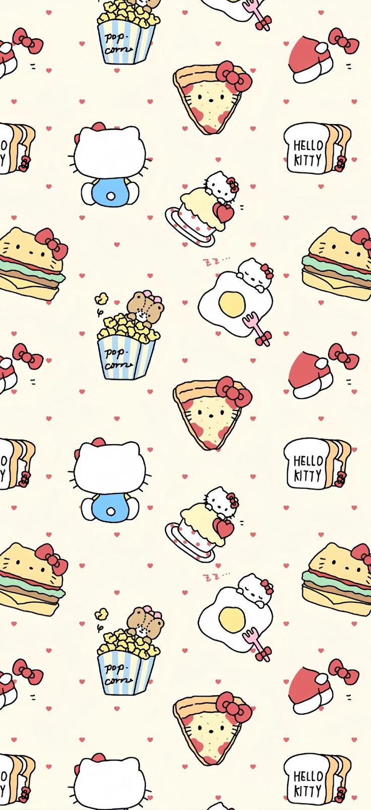 an image of hello kitty wallpaper with food and desserts on it's surface